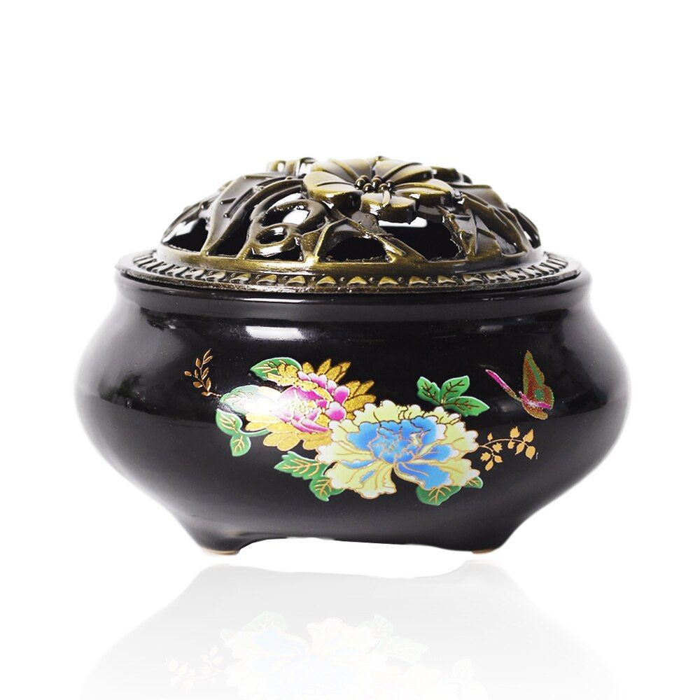 Burn Black Glaze Ink Disc Censer Ceramic Incense Burner Incense Seat Indoor Household Home Decoration for Incense C