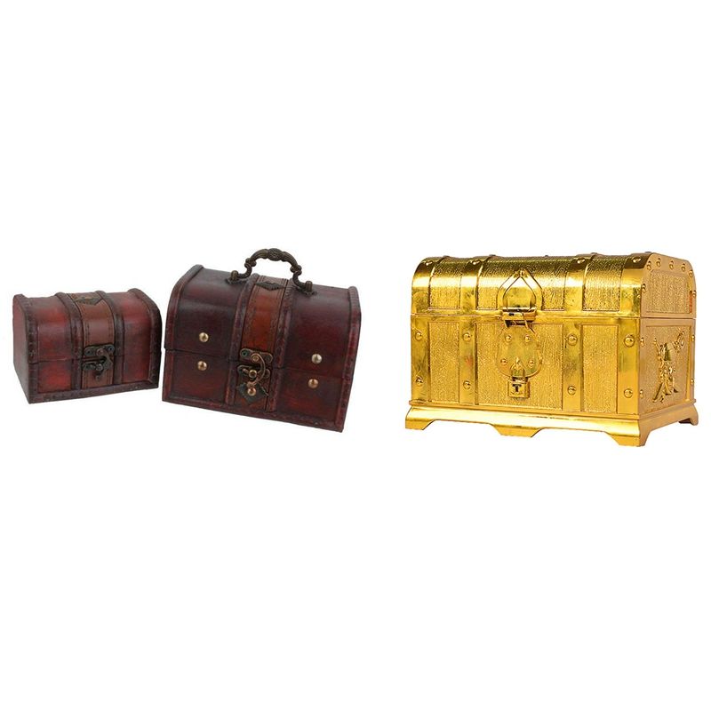 2Pcs Large and Small Wooden Storage Box & 1x Pirate Treasure Chest Decorative Treasure Chest Keepsake Jewelry Box