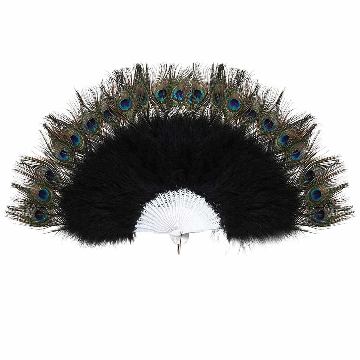 Roaring 20S Vintage Style Peacock & Black Marabou Feather Fan Flapper Accessories 135.6x68.6cm