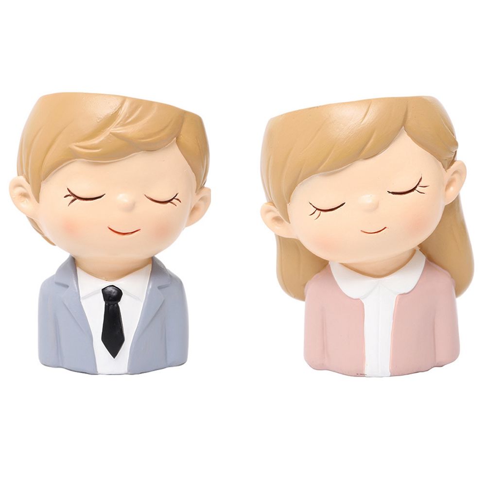 2 Piece Resin Succulent Container Flowerpot Home Photo Props Ornament Cute Cartoon Girl Couple