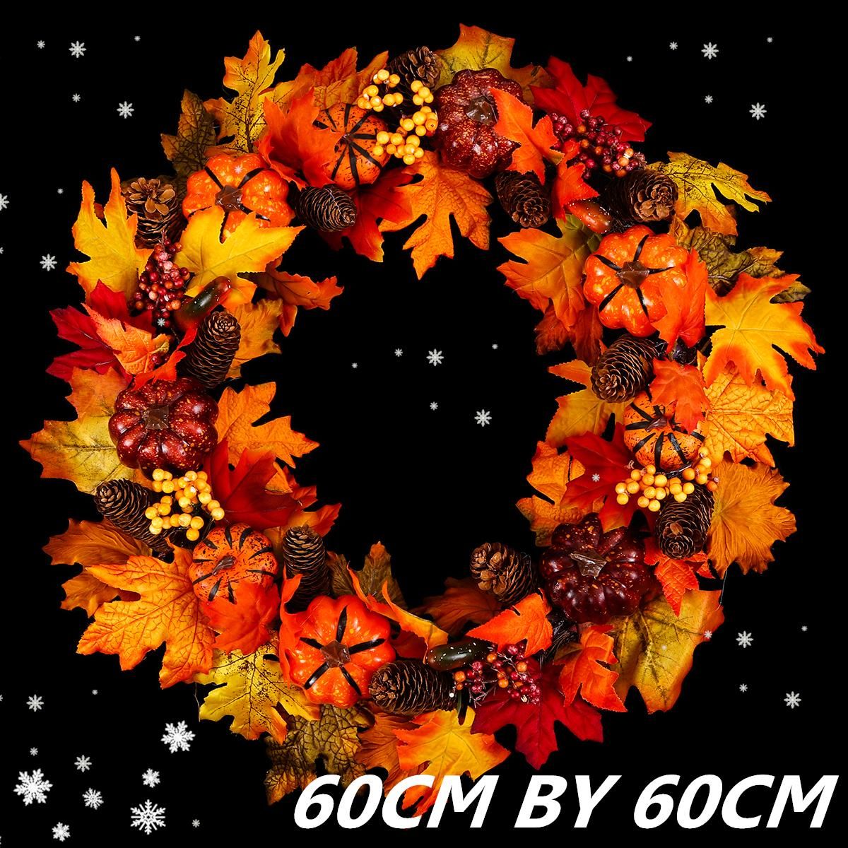 60cm Christmas Maple LeavesPumpkin Berry Wreath Garland Door Hanging Craft Decorations