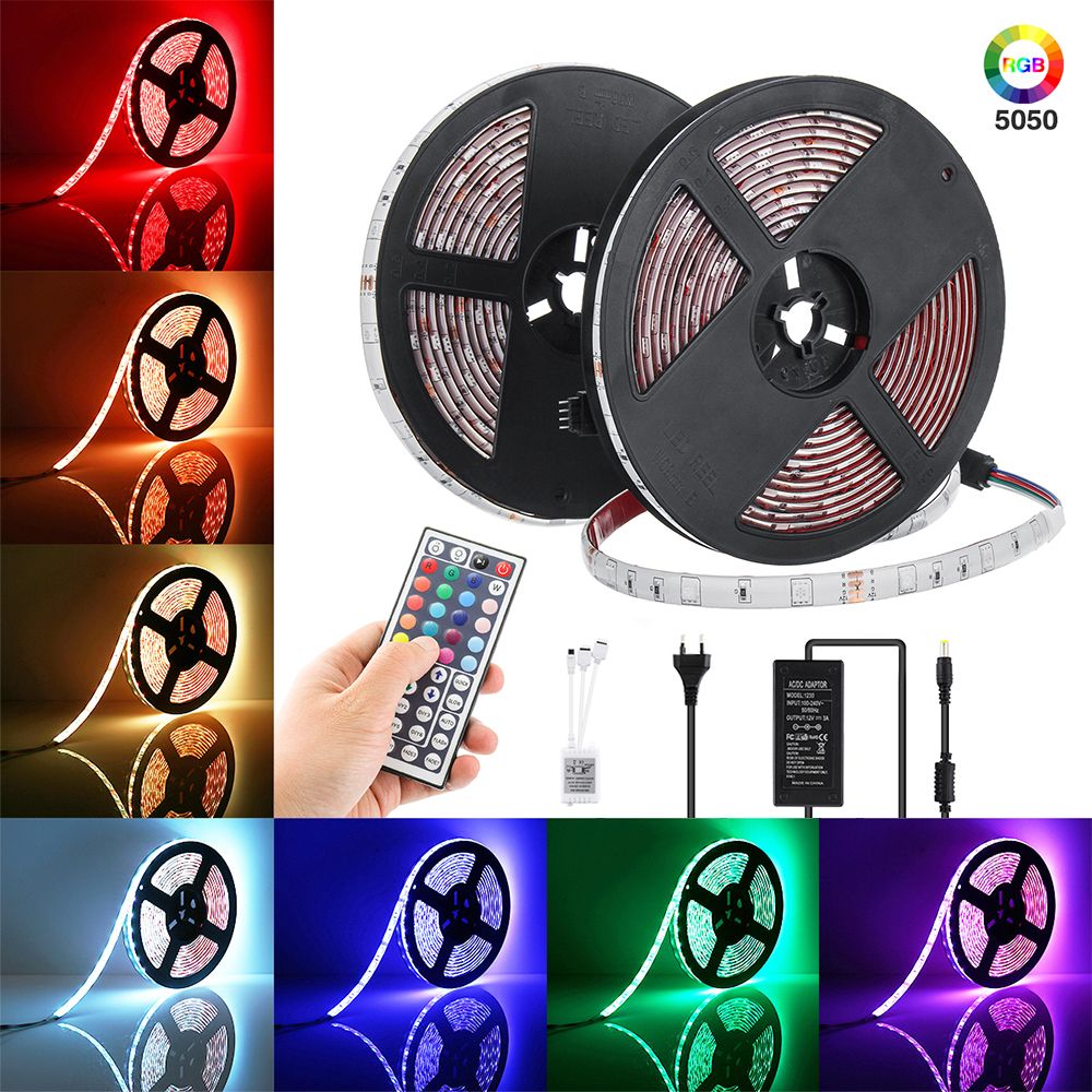 2Pcs 5m LED Strip Light IP67 Waterproof 300 Light 6 Language Manual with 5V4A Power supply 44-key Remote Control