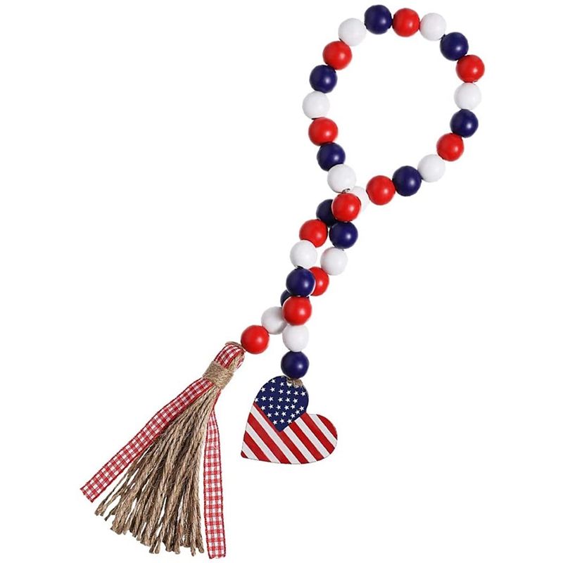 Wood Bead Garland and Rustic Tassels, Farmhouse Wall Hanging American Independence Day 4Th of July for Home Decor