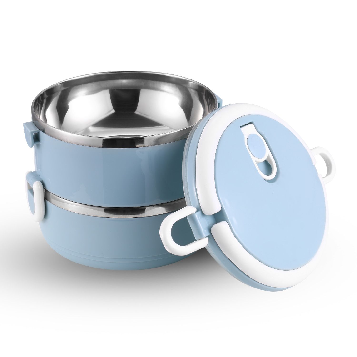 S-0530 Portable Double Layer Stainless Steel Insulated Bento Lunch Box Leak Proof Lunch Box Stackable Lunch Box with Lid Two-Tier Bento Box (Blue) 1.4L