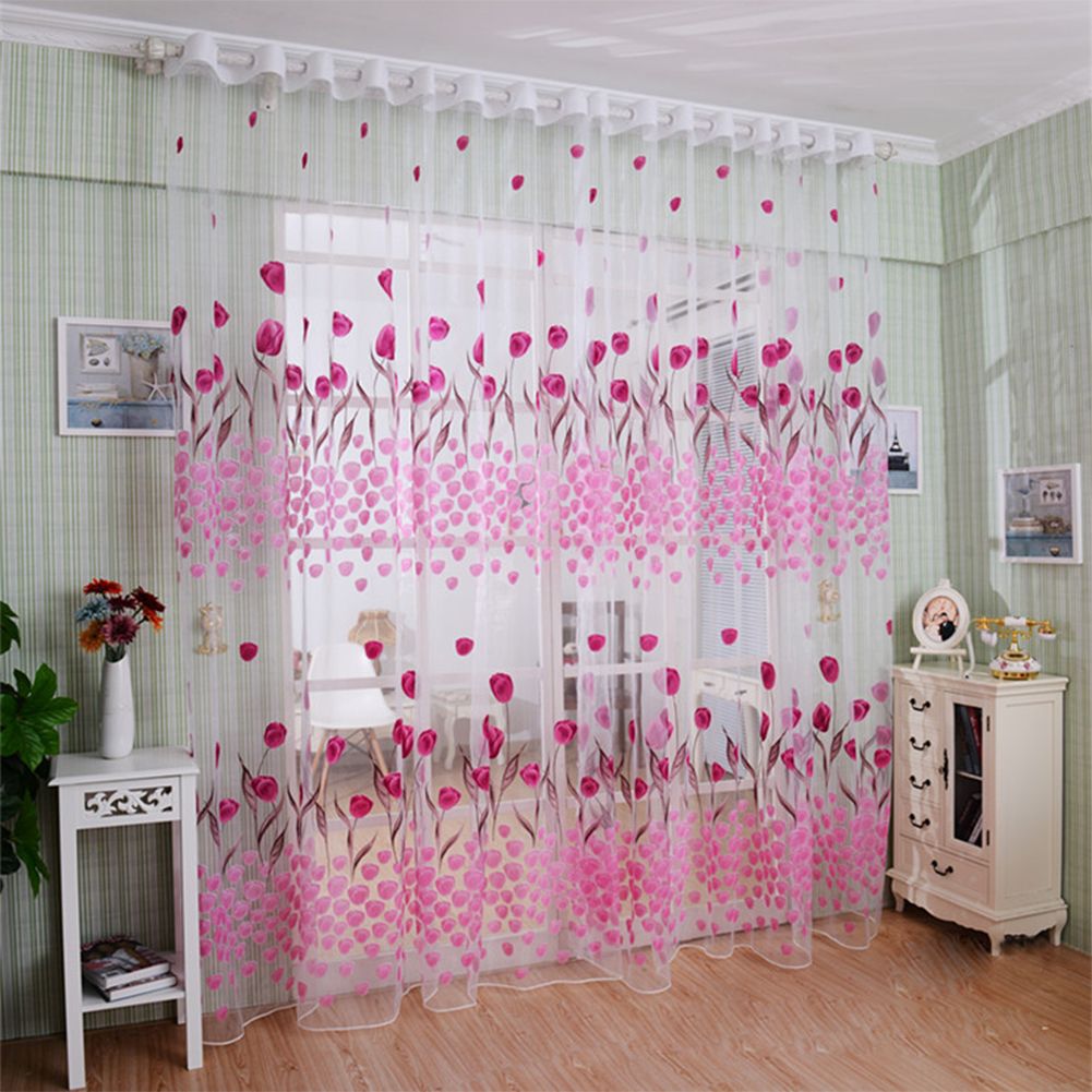 Yfashion Romantic Window Door ulip Print Voile Sheer Curtain Drape Creative Floral ranslucent ulle Divider Valance Pink