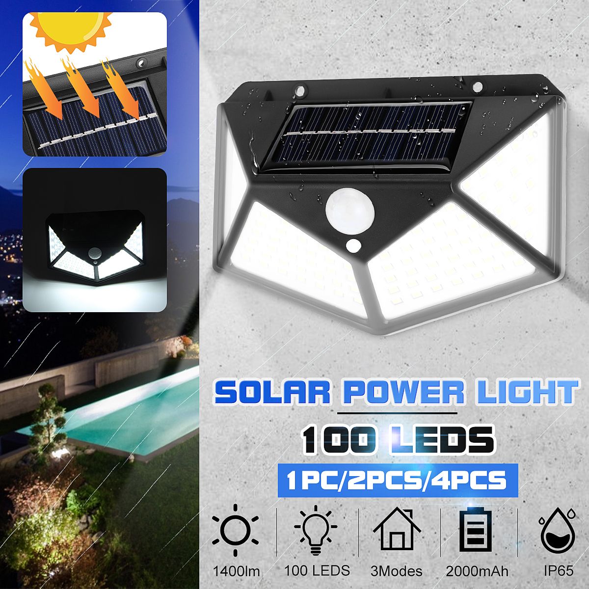 4 /2/1pcs Solar Sensor Light 100 LEDs Human Body Induction Wall Lamp Outdoor - Black Two Pack