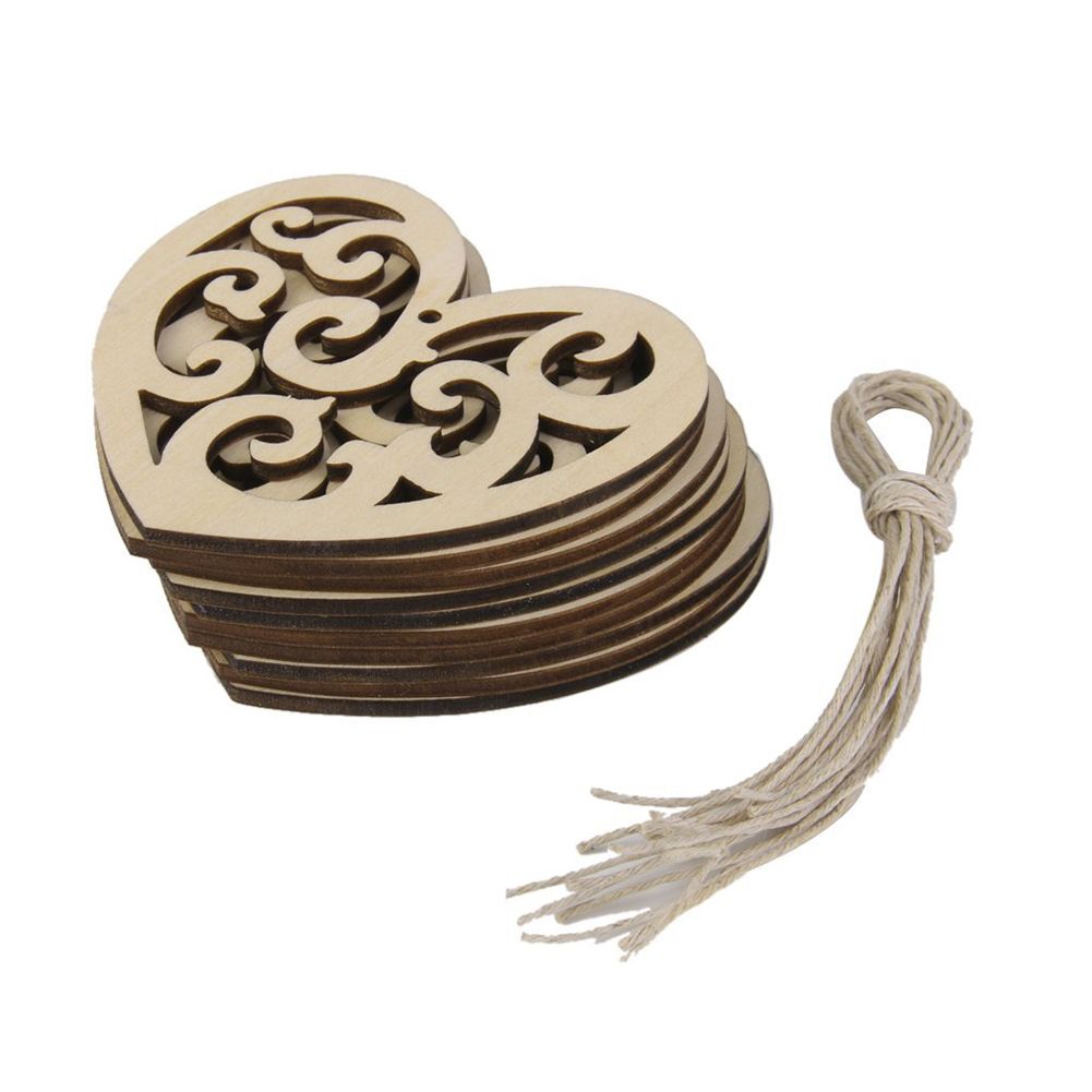 Yfashion 10Pcs Retro Wooden Carving Loving Heart Shape Hanging Pendant DIY Crafts Wedding Decor