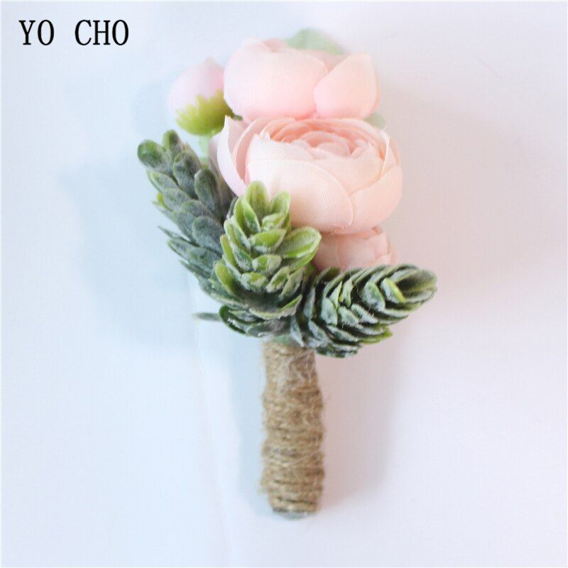 YO CHO Artificial Silk Sasanqua Flower Boutonniere Groom Corsage Bridal Wrist Corsage Rose Bracelet Pink Orange Wedding Supplies