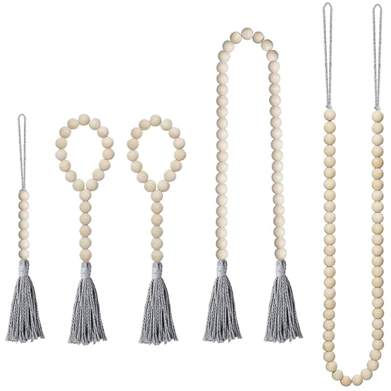 Wood Bead Garland with Cotton Tassel, Rustic Wooden Bead Decor, Farmhouse Home Wall Hanging Decoration Set of 5