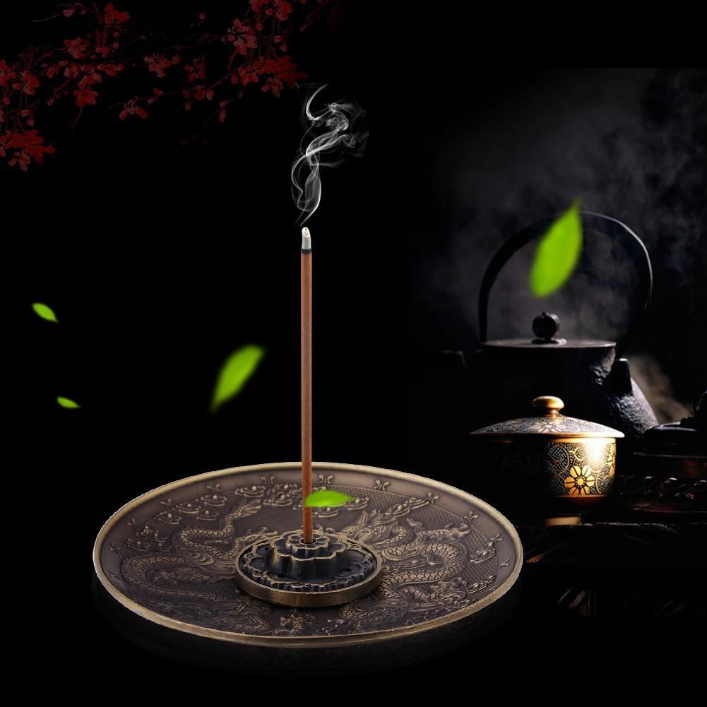 Zinc Alloy Incense Stick Burner Holder Dragon Pattern Censer Plate for Home Temple(Red Bronze) - intl