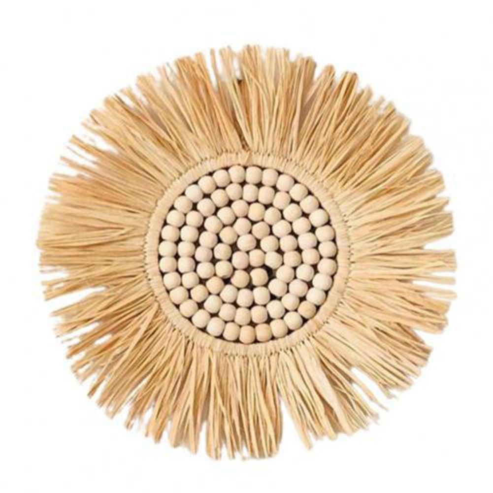 40CM Acrylic Hanging Mirror Moroccan Style Straw Wood Beads Pendant Decorative Ornament Sofa Background Wall Decor -D