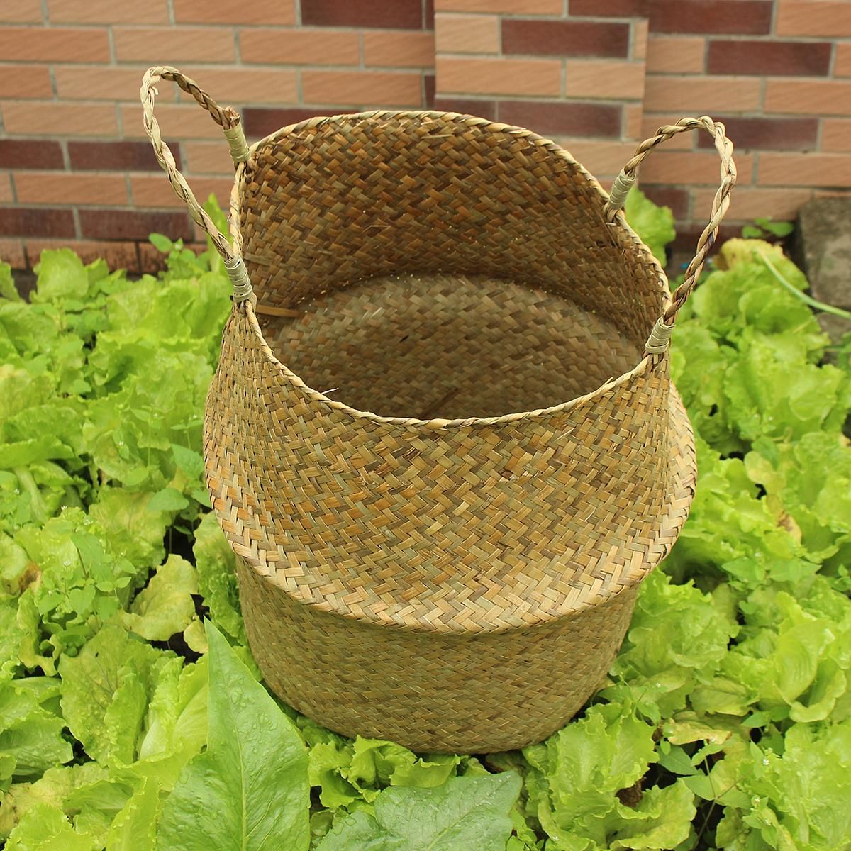 Seagrass Flower Belly Basket Storage Plant Pot Foldable Laundry Organizer Bag