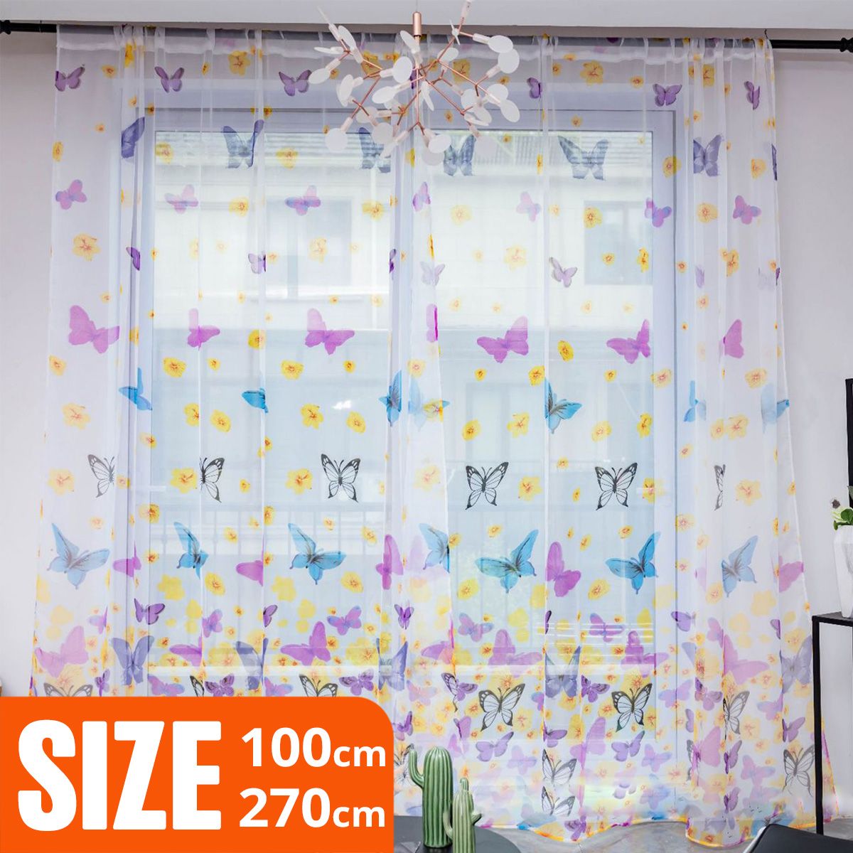 Sheer Curtain Elastic Voile Semi Polyester Butterflies Pattern Window Curtain for Home