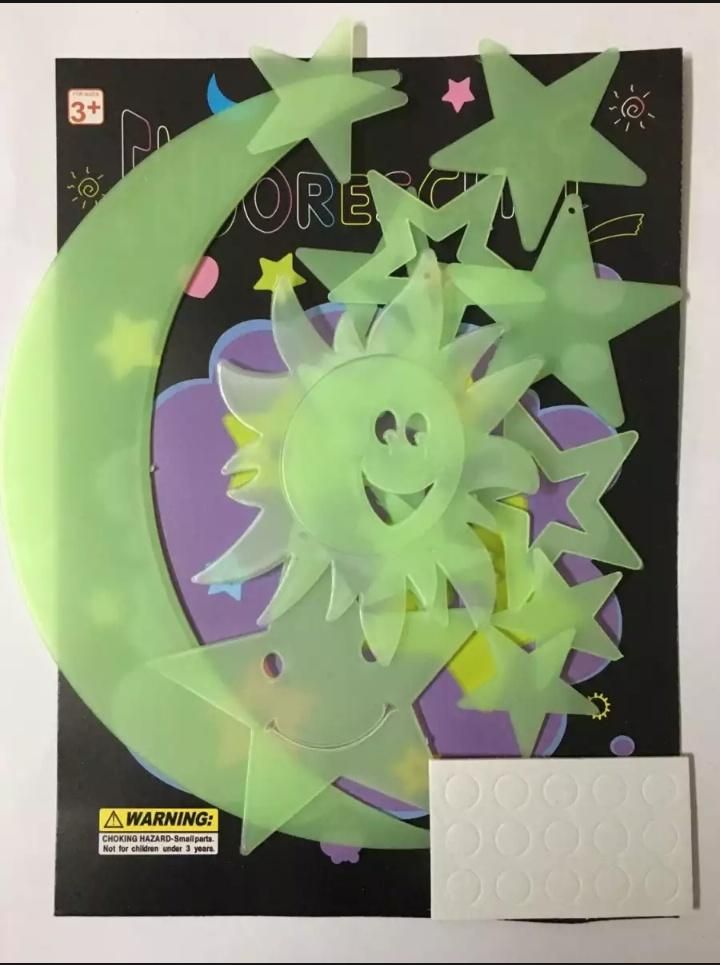 Fluorescent Night Glow Green Sun Moon Stars With Glue -20 pcs pack