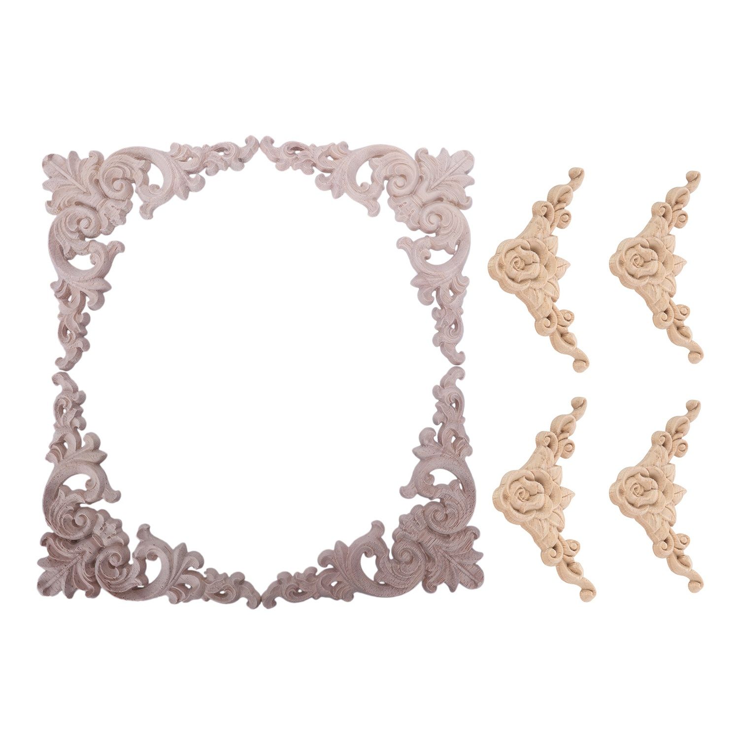 8 Pcs Wood Oak Carved Corner Onlay Applique Furniture Home Door Decor DIY, 4 Pcs 12.5X12.5cm & 4Pcs 8 X 8cm , Rubber Wood Applique
