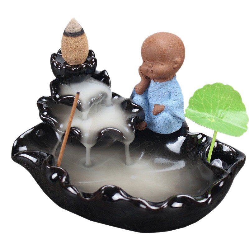 Little Monk Backflow Incense Burner Home Decoration Creative Ceramic Cone Waterfall Incense Holder Buddhist Censer