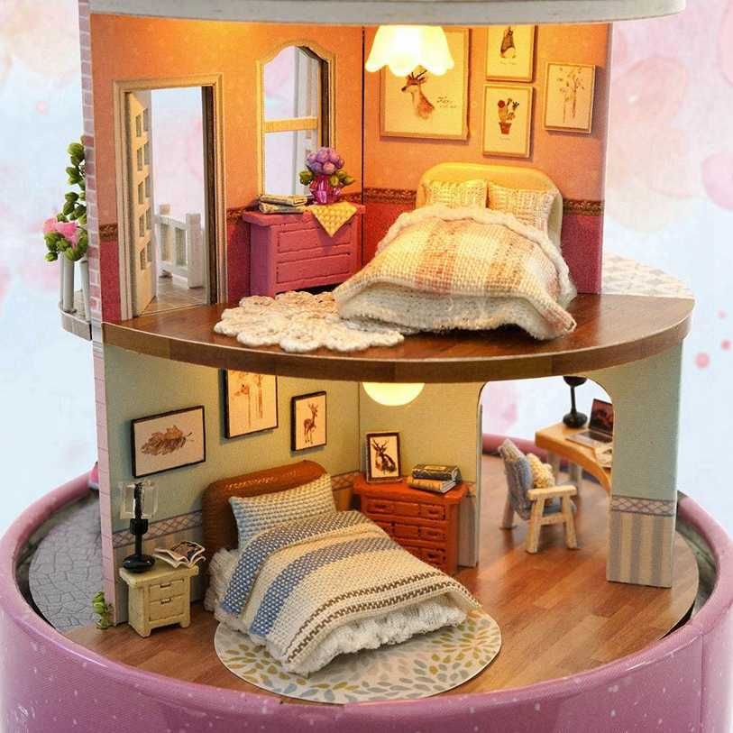 Creative DIY Dollhouse Miniature with Rotate Music Box Dust Cover LED Light