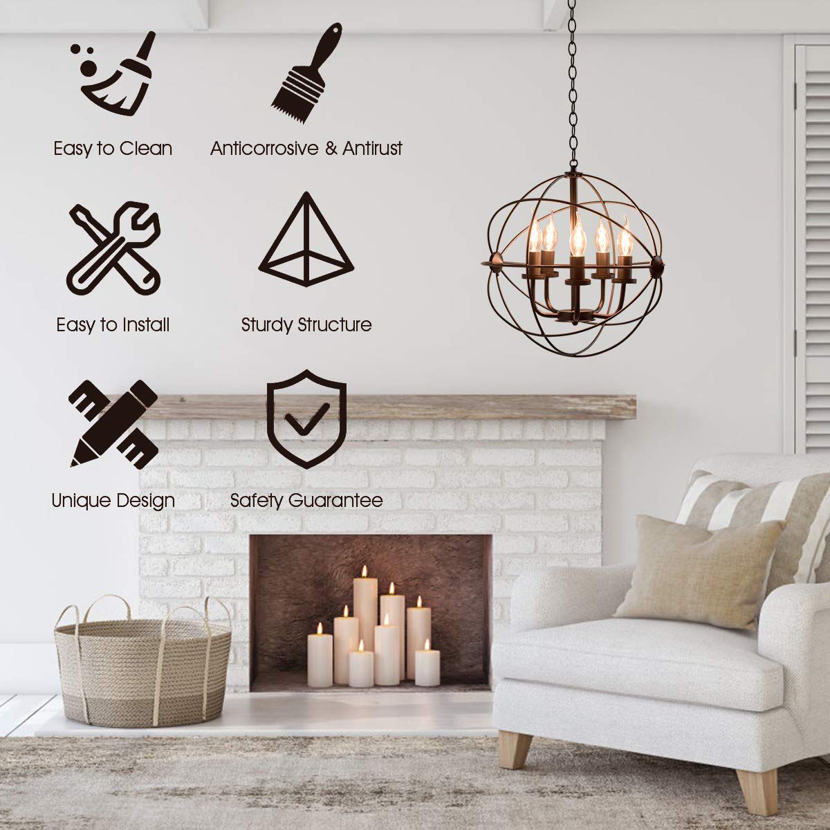Decor Living Decor Living 5 Heads E14 Bulb Base Retro Iron Chandelier Industrial Vintage Style Hanging Candle Light Pendant Fixtures Lamp 110-220V(Not Include Bulb)