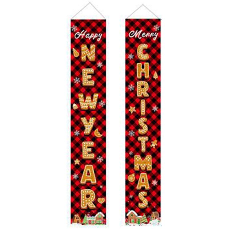 Christmas Red and Black Lattice Couplets Outdoor Decoration Curtains Holiday Parties Hanging Flags