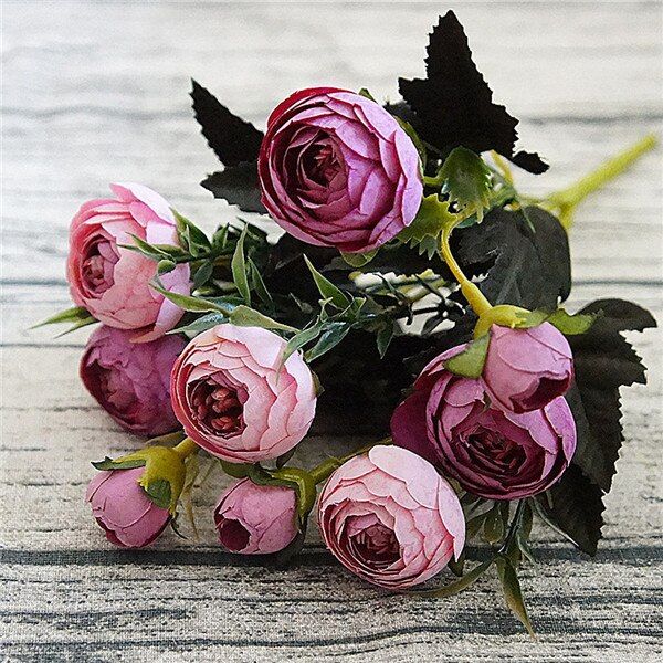 9 Head/Bouquet Mini Fake Tea Rose Peony Flowers For Home Wedding Decor Artificial Rose Penoy Flower Bouquet Bud For Room Decor