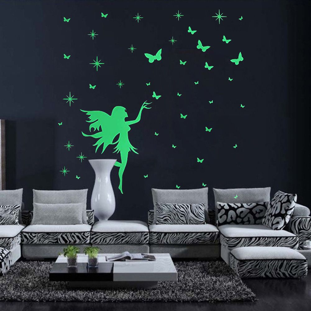 Yfashion Noctilucence Self-adhesive Fairy Stars erflies Wall Sticker for Diy Kids Room Decoration