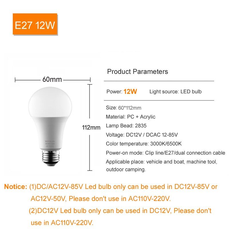 LED Bulb With Clamps DC 12V LED Light 3W 6W 9W 12W 15W 18W Bombilla For Solar Led Light Bulbs 24V 36V Low Voltages Lamps