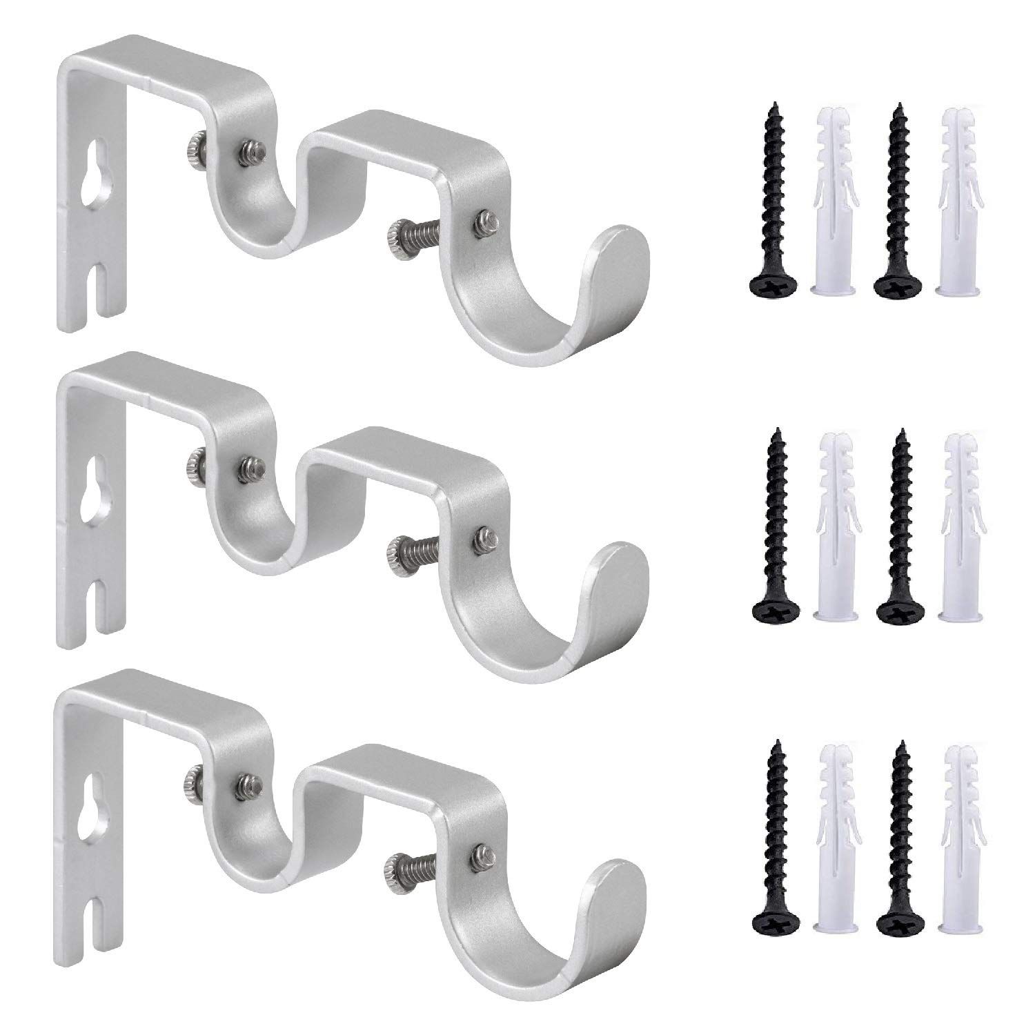 Durable 3Pcs/Set Curtain Rod Brackets Heavy Duty Double Rod Holders Durable Metal Curtain Rod Wall Brackets with Screw Silver