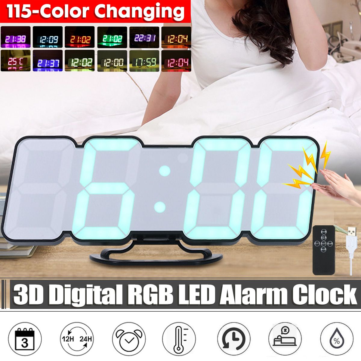 USB Alarm Clock Digital Table Clock 3D Digital RGB LED Alarm Clock Wall Mount