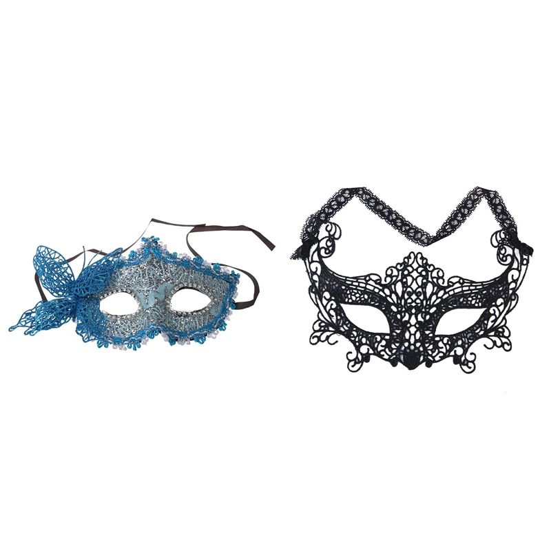 2 Pcs y Women Lace Mask Venetian Masquerade Ball Party Carnival Face, Eye, Blue & Black