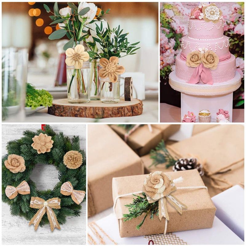 33PCS Handmade Linen Flower Set, 8 Styles Of Natural Linen Flowers and 3 Styles Of Linen Lace Pearl Bows Are Very Suitable for Wedding Home Decoration Christmas Party DIY