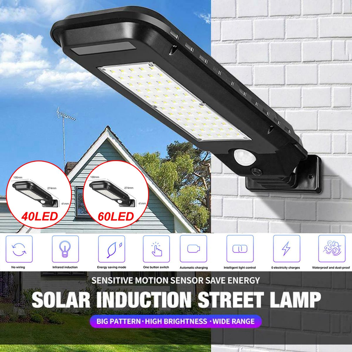Light up life Waterproof 40/60 LED Street Light LED Solar Lamp Road Floodlight PIR Motion Sensor Wall Light Outdoor Garden Street Pathway Lamp
