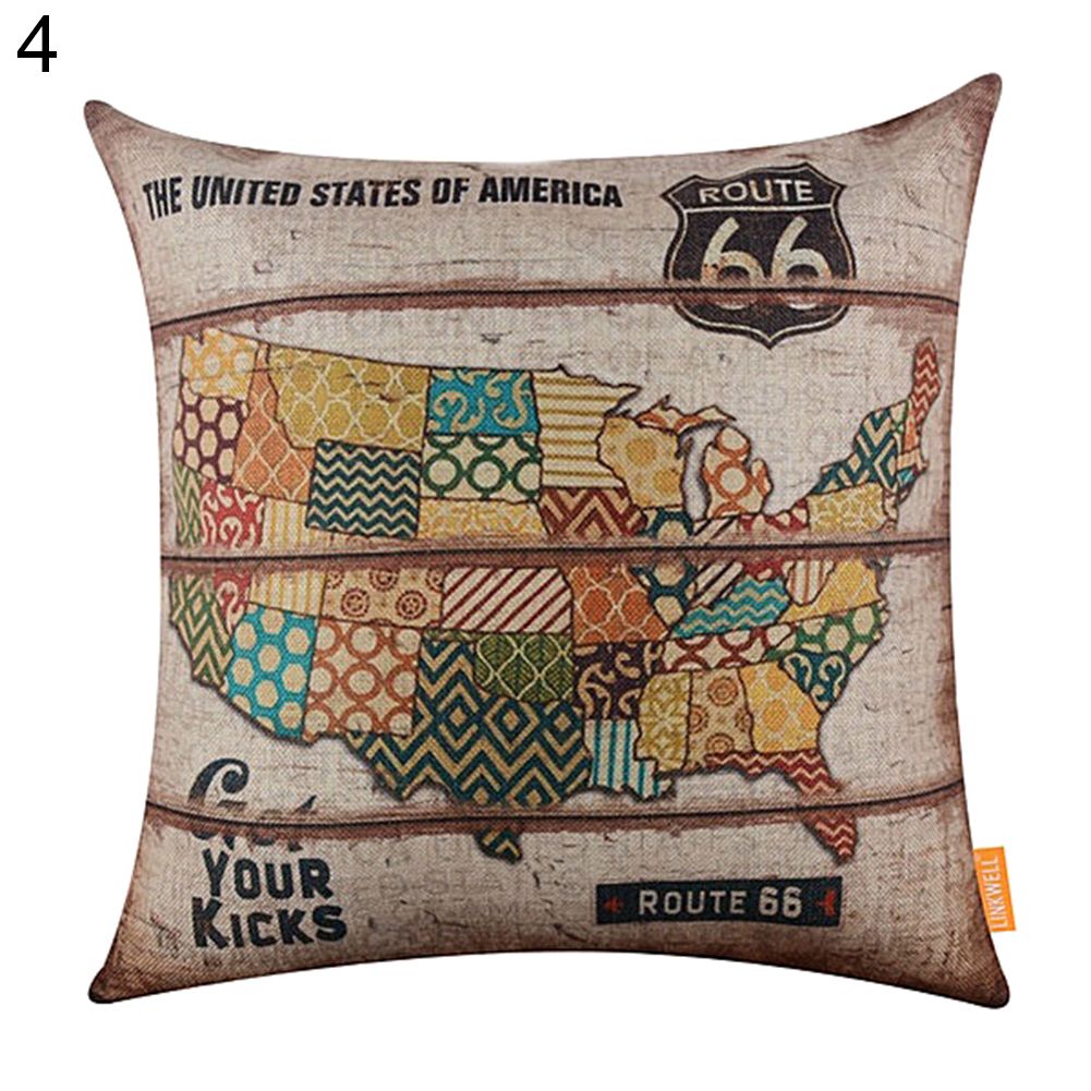 Vintage American Map Route 66 Linen Pillow Case Cushion Cover Sofa Bed Car Decor