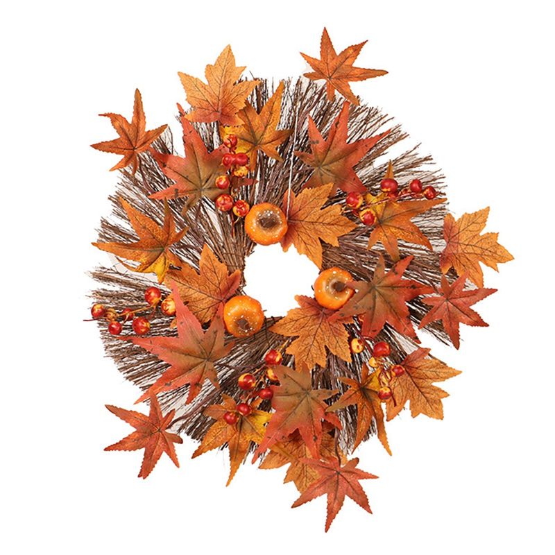 Artificial Fall Wreath, Autumn Wreath with Maple Leaves Pumpkin and Berries, for Front Door Thanksgiving Decoration