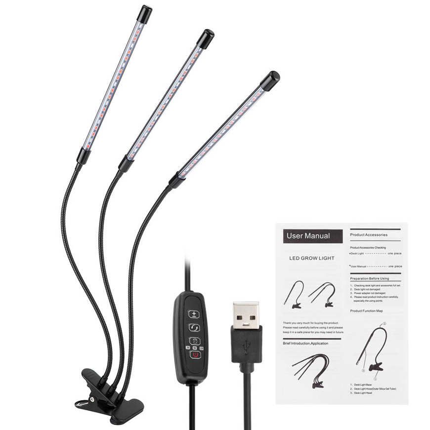30W USB 3‑Tube Flexible LED Grow Light Full Spectrum Lamp with Clip for Indoor