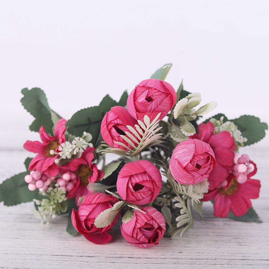 Rose Artificial Silk Flowers  Bouquet 12 heads Fake Flowers Daisy Bud Decoration for Wedding Home Foam Accessories