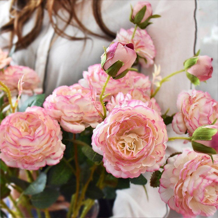 Artificial Rose Peony Silk Flowers DIY Long Branch 3 Heads Peonies Fake Flowers Faux Flowers Wedding Stage Backdrop Decoration