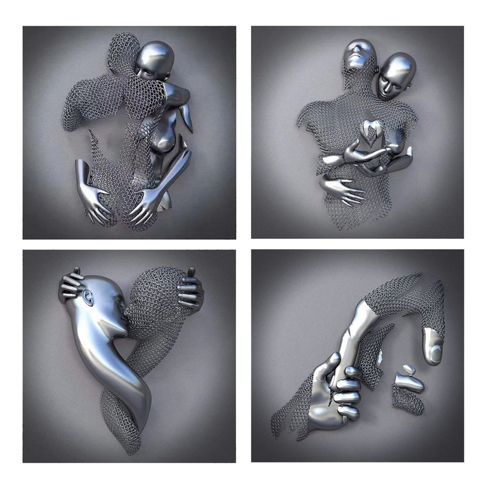 4Pcs Love Heart 3D Effect Wall Art,Abstract Metal Figure Statue Art Canvas Painting 19.7 Inch Modern Wall Art Home Decor