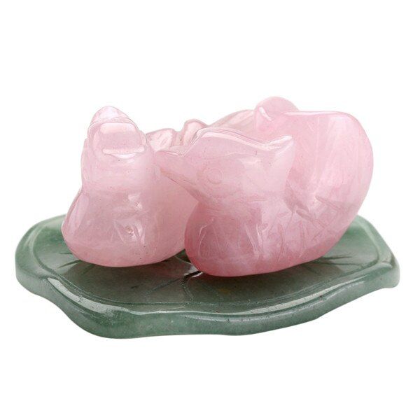 Sunligoo Rose Quartz Mandarin Duck Figurine Natural Gemstone Carved Lover Birds Statue with Green Aventurine Stands Couple Gift