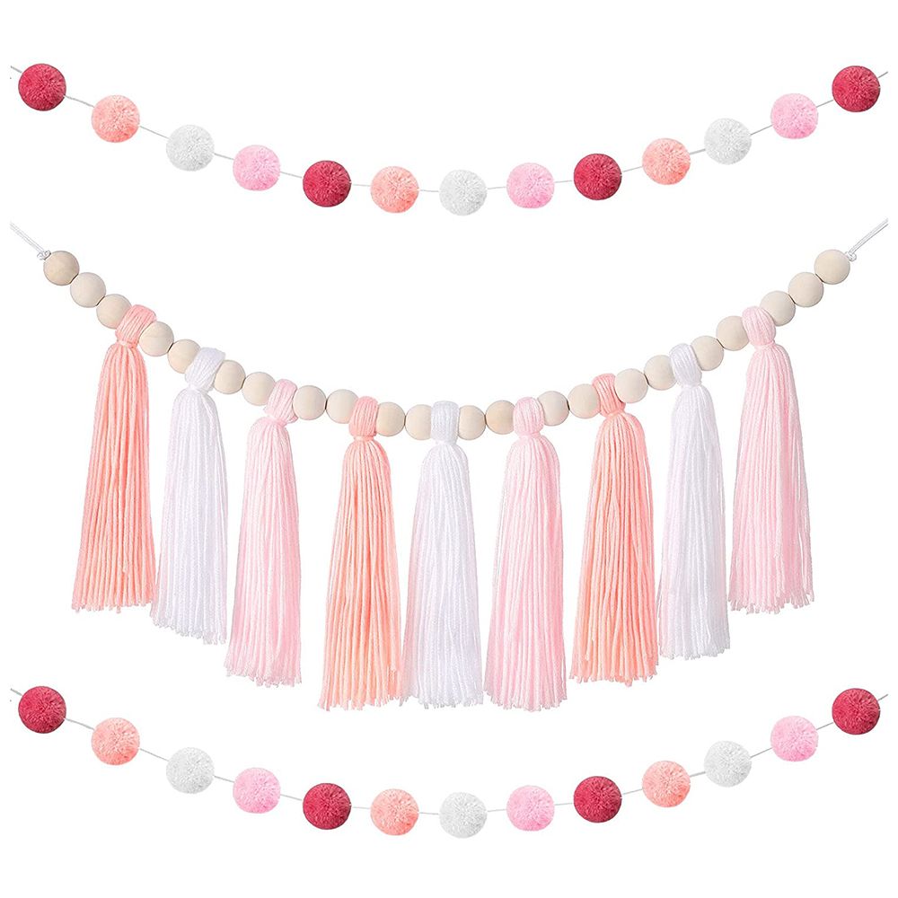 Boho Tassel Garland Tassel Wall Hanging Decor Pastel Tassel Banner with Wood Beads and 2 Pieces Colorful Pom Pom(E)