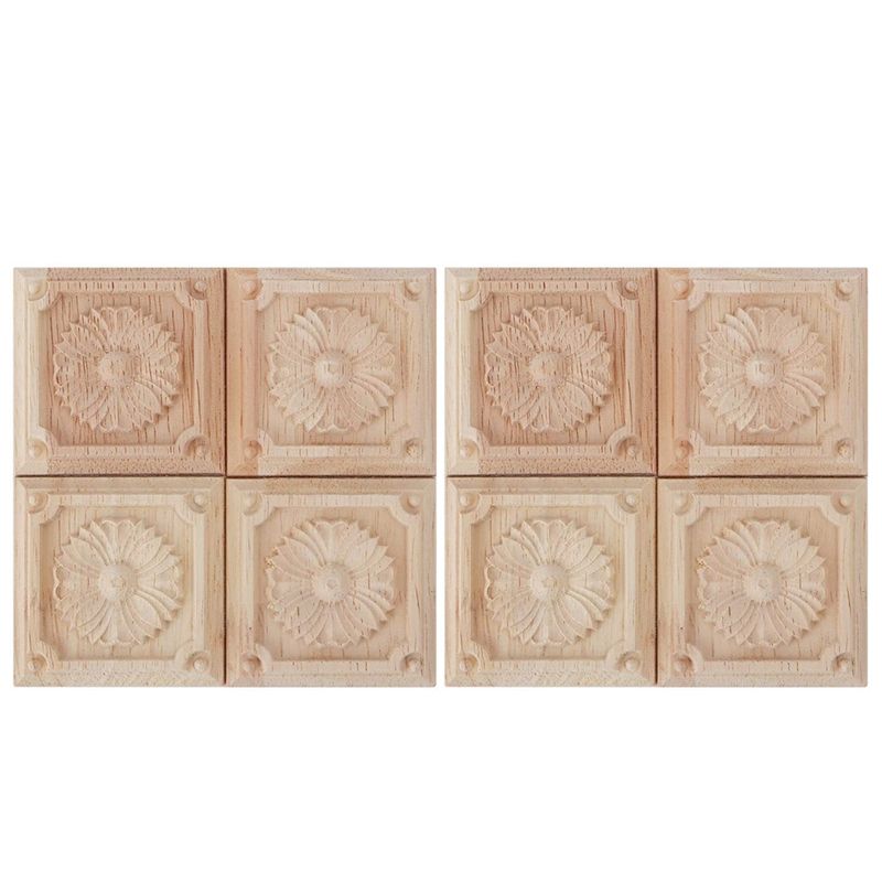 8Pcs Carving Checkered Applique Unpainted Decal for Furniture Decoration Carving Decals Decorative Wooden Craft 6X6cm