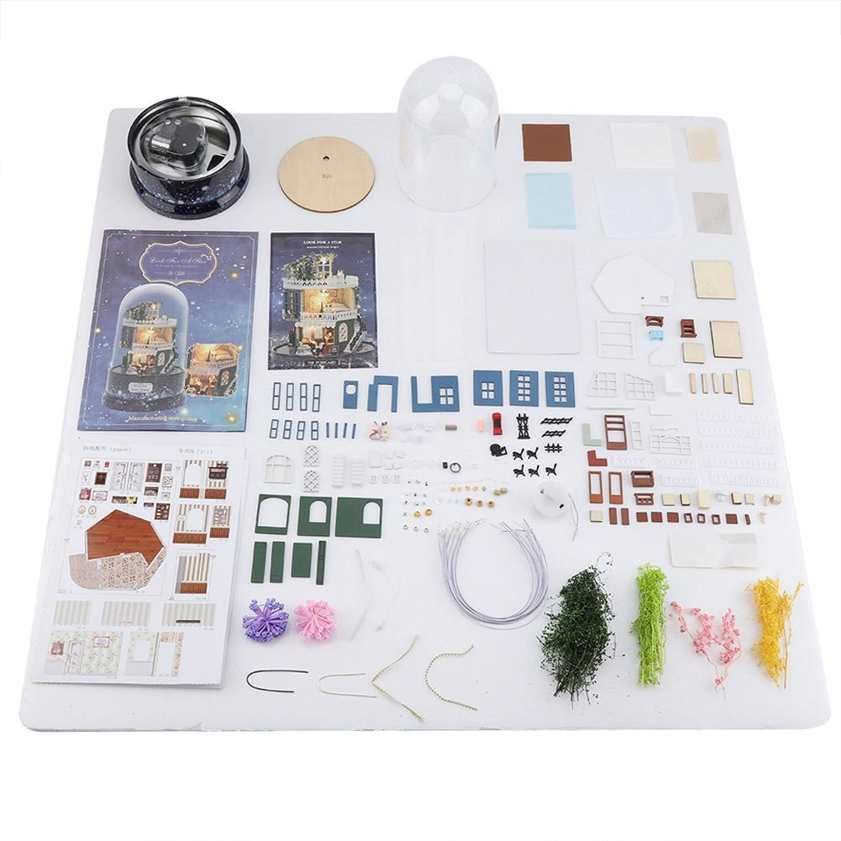 DIY Dollhouse with Rotate Music Creative Dream House Miniature Box Dust Cover LED Light