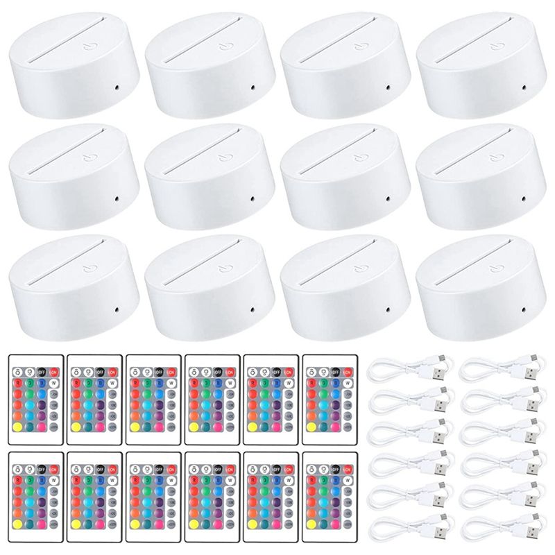 JAERBEE 12 Pack 3D Night LED Light Lamp Base + Remote Control + USB Cable, 16 Colors Light Show Display Stand for Acrylic White