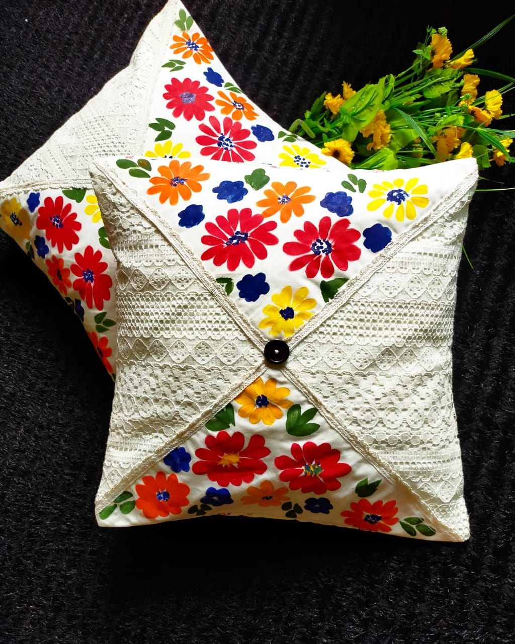hai Cotton Fashionable White Floral Patch work  Hand Painted  Single Cushion Cover 16"*16"& 18''*18'' Designed by BOHO