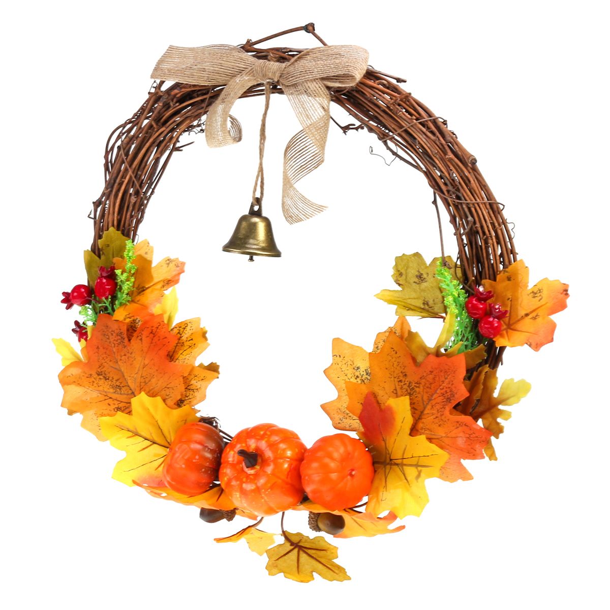 Decor Living  Artificial Maple Leaf Pumpkin Wreath With Bell Hanging Ornaments Autumn Pumpkin Wreath With Bell+LED String