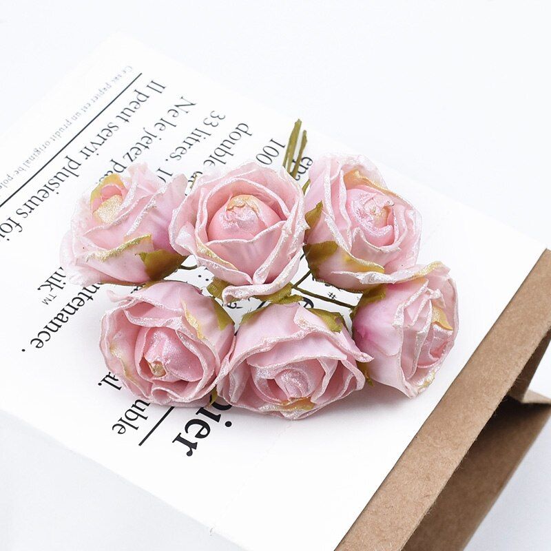 6pcs Scrapbooking decorative flowers wreaths DIY gifts candy box silk roses pompom bride brooch accessories artificial flowers