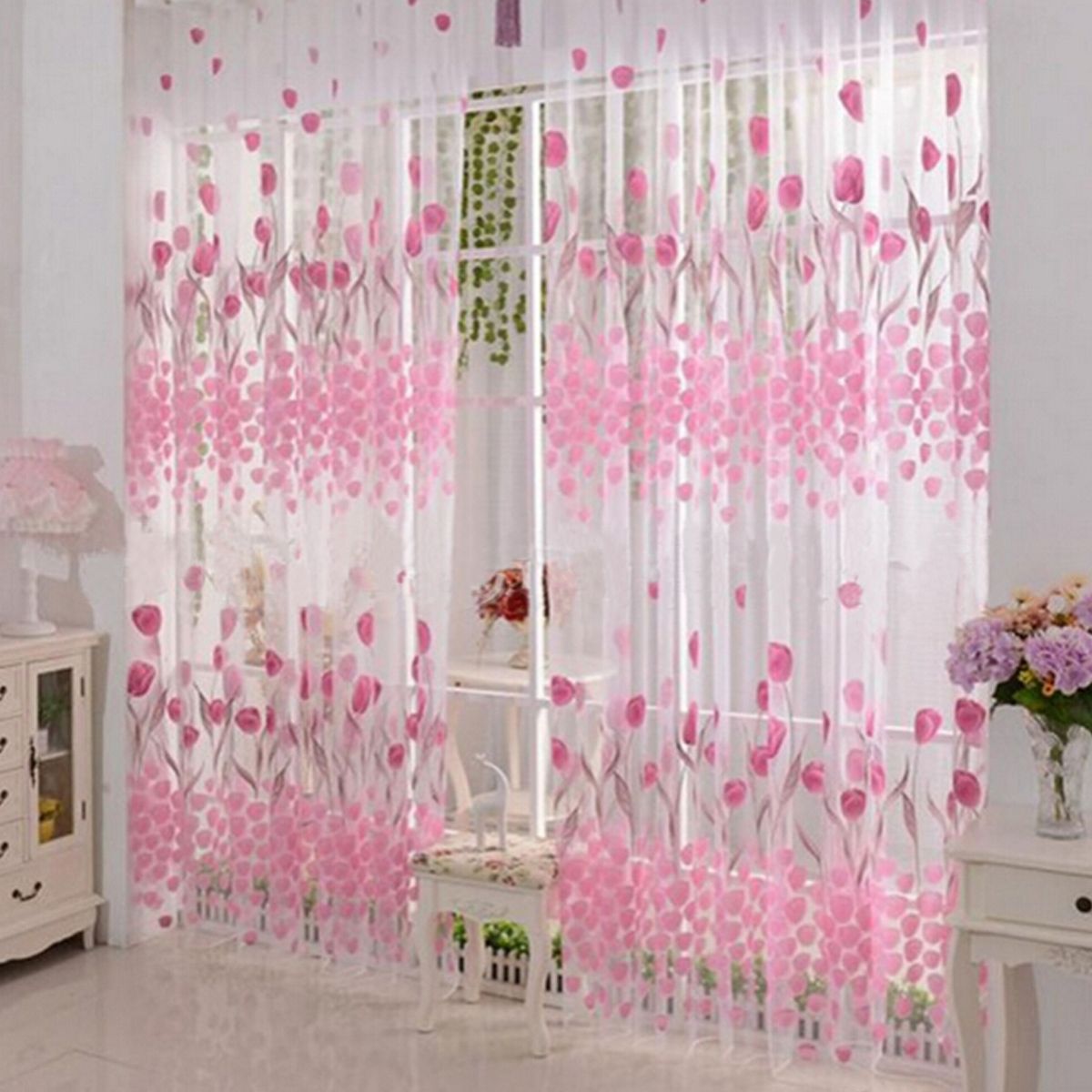 Voile Tulip Flower Rods Wear Floral Pattern Window Curtain Soft Sheer Voile Panel Drapes Curtains 1x2m For Bedroom Living Room