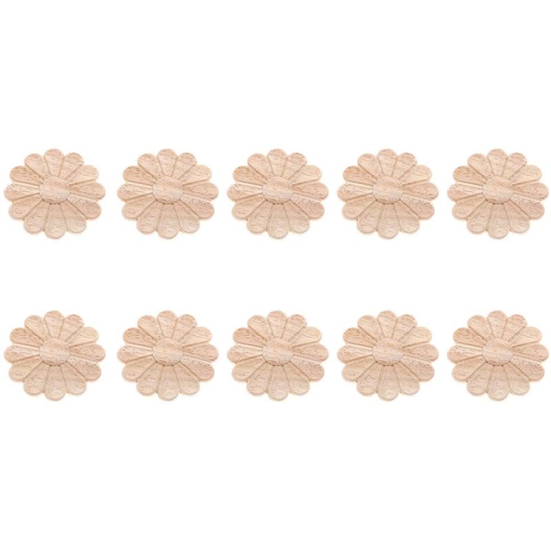 10Pcs Unpainted Round Flower Pattern Wood Carved Applique Frame Onlay Cabinet Furniture Decoration 6cm