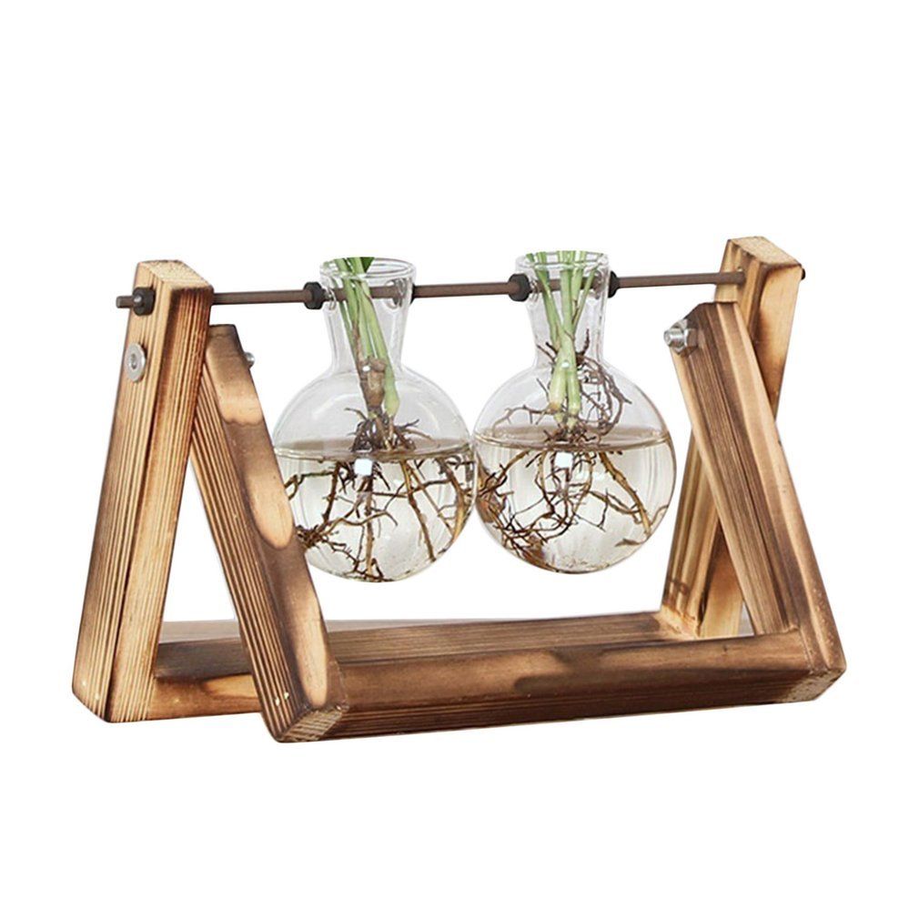 Glass Planter Bulb Vase With Retro Solid Wooden Stand And Metal Swivel Holder