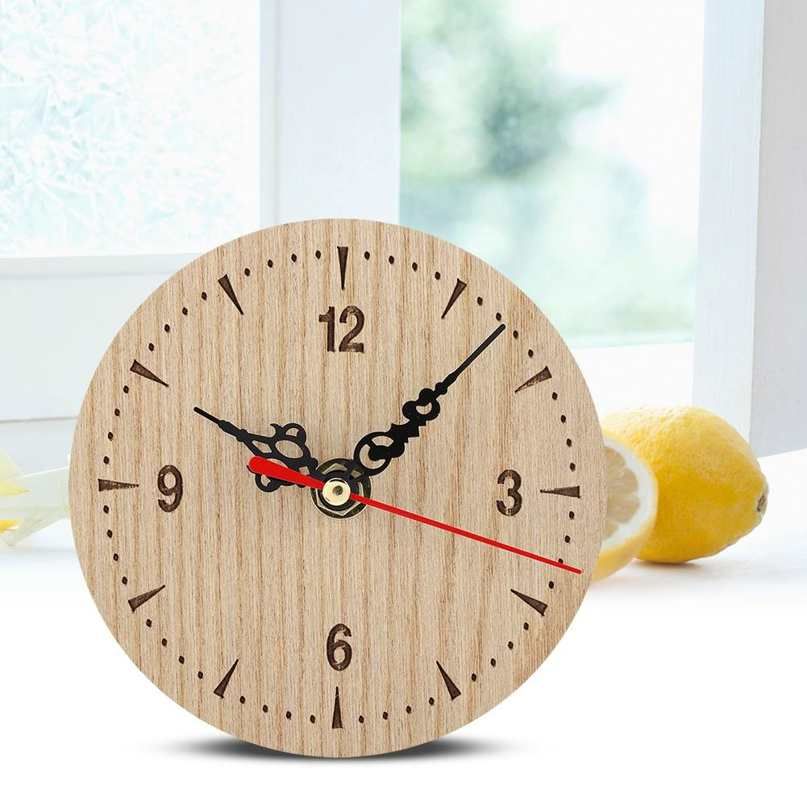 Vintage Round Wood Table Desk Wall Analog Clock for Living Room Bedroom Office