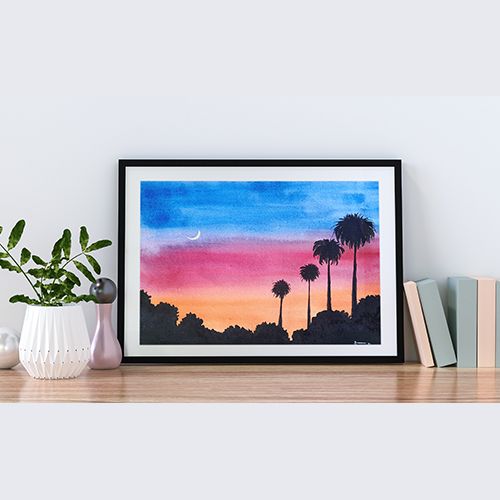 Hand painted Plam trees sunset watercolor on handmade paper/size:16/12 inch./nature painting/art painting